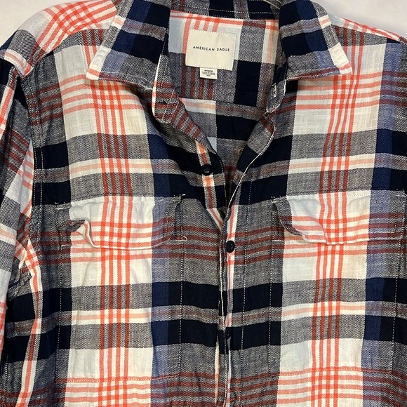 American Eagle Orange Blue White Plaid Button Down Shirt- Mens - Picture 2 of 4